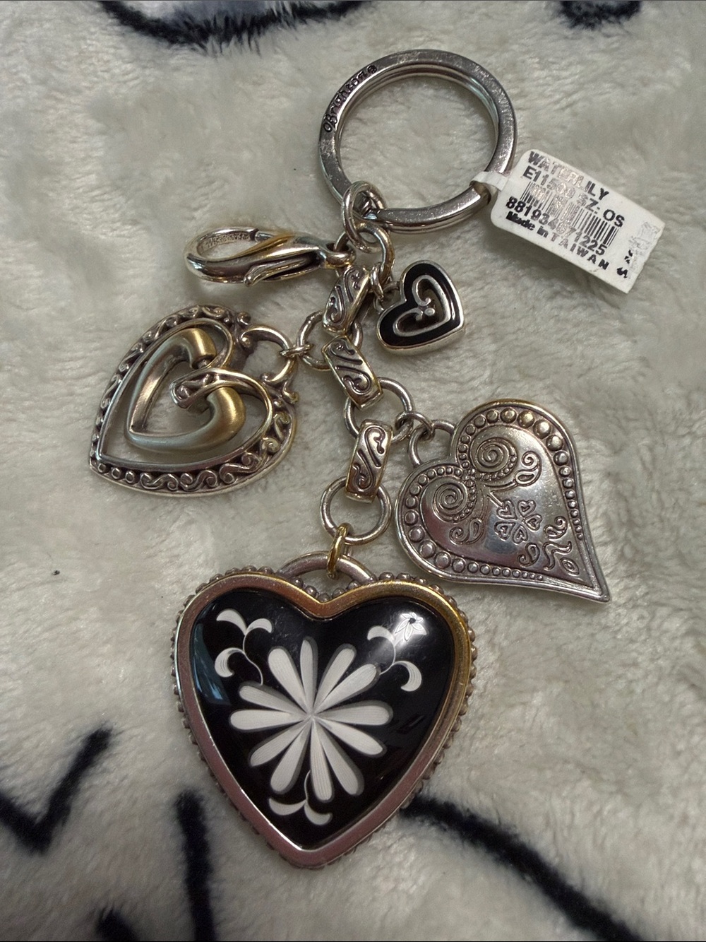 Brighton Silver and Black Heart Charm Keyring with Floral Enamel